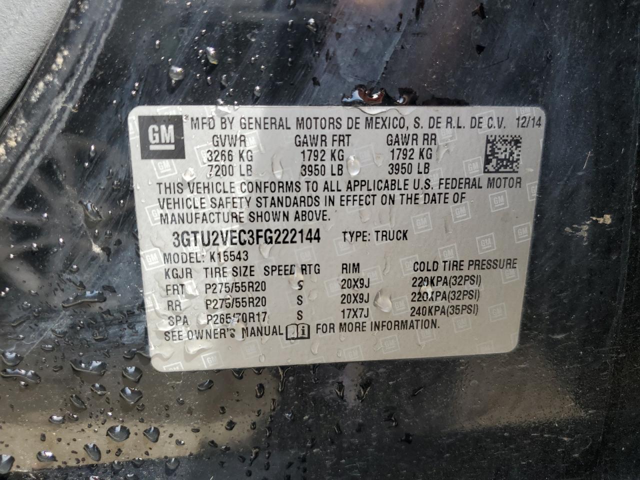 3GTU2VEC3FG222144 2015 GMC Sierra K1500 Slt