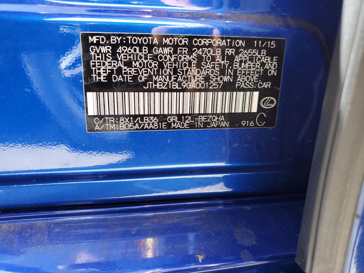 JTHBZ1BL9GA001257 2016 Lexus Gs 350 Base