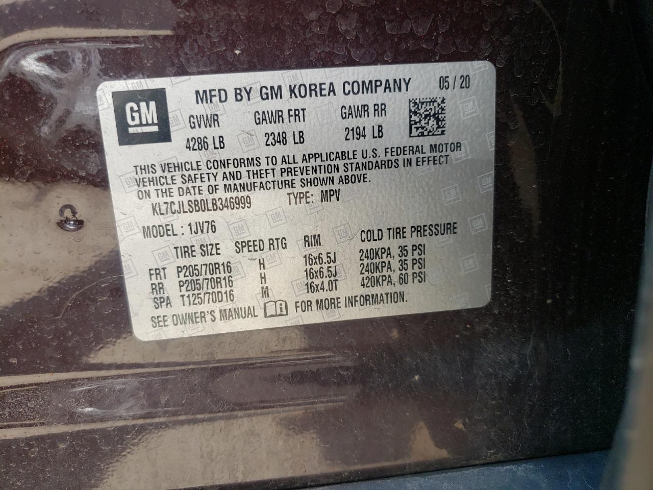 KL7CJLSB0LB346999 2020 Chevrolet Trax 1Lt