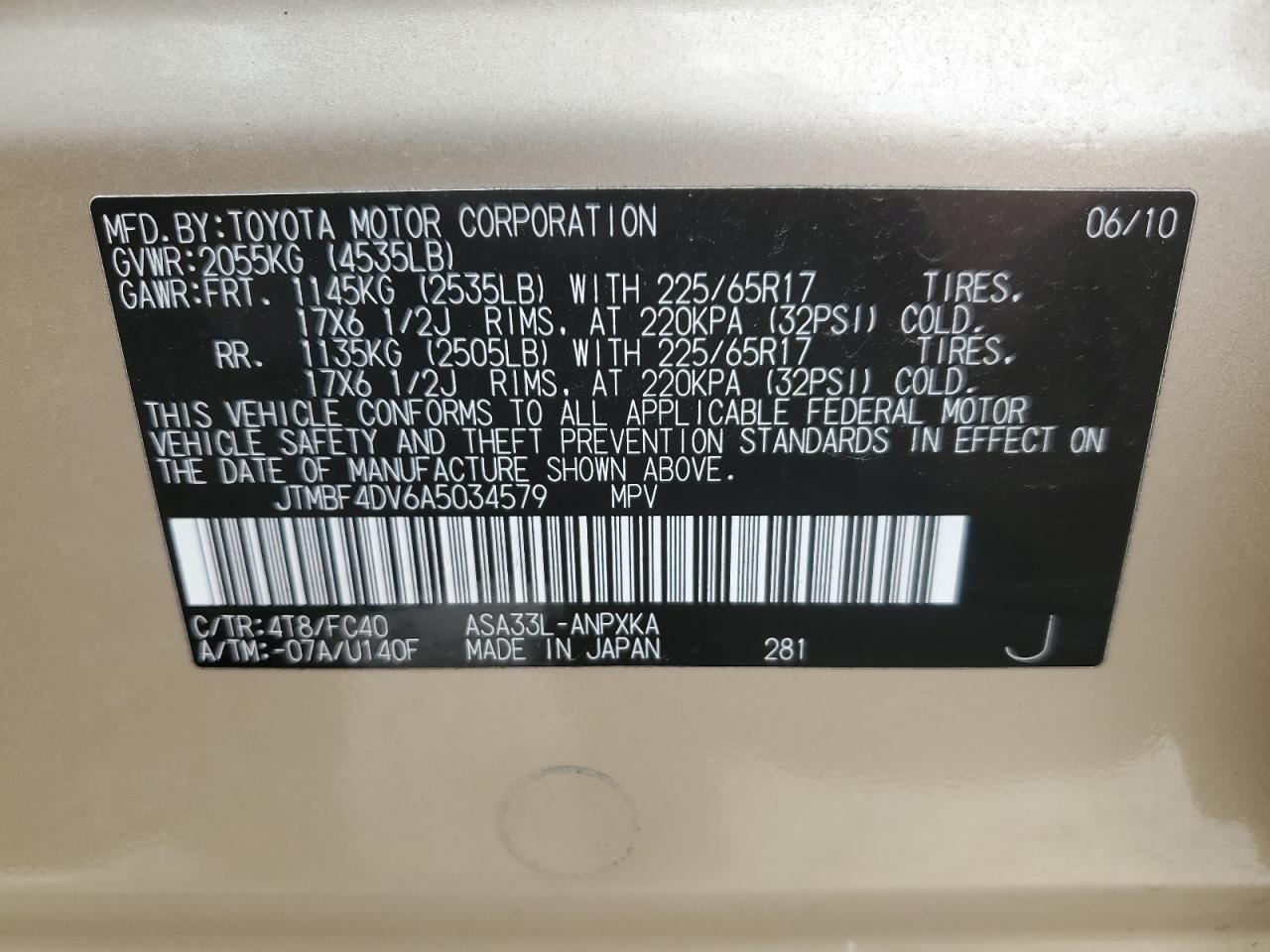 JTMBF4DV6A5034579 2010 Toyota Rav4