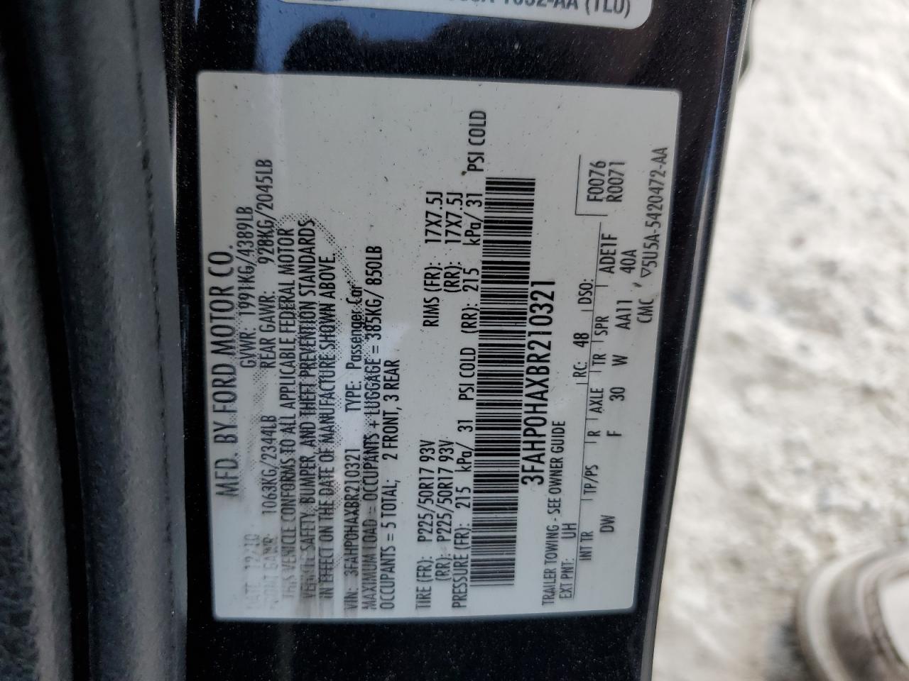 3FAHP0HAXBR210321 2011 Ford Fusion Se