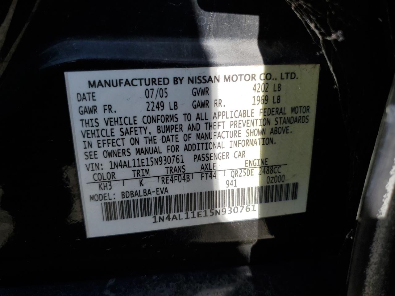 1N4AL11E15N930761 2005 Nissan Altima S