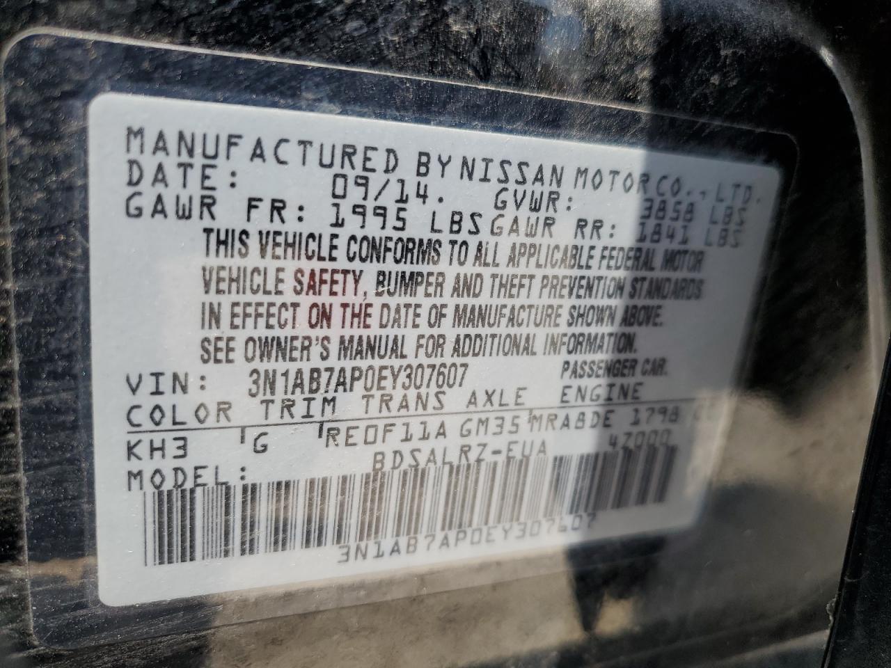 3N1AB7AP0EY307607 2014 Nissan Sentra S