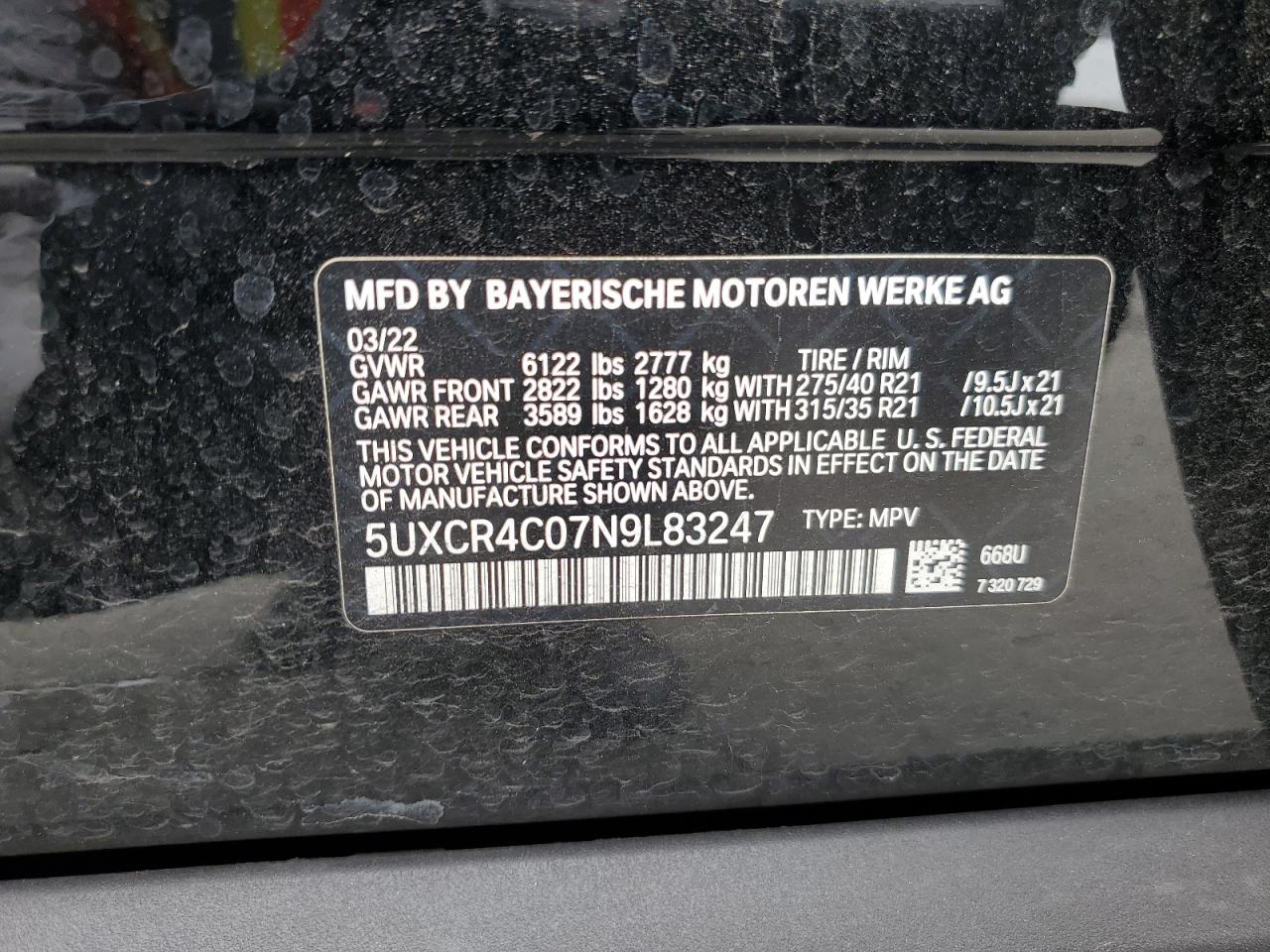 5UXCR4C07N9L83247 2022 BMW X5 Sdrive 40I