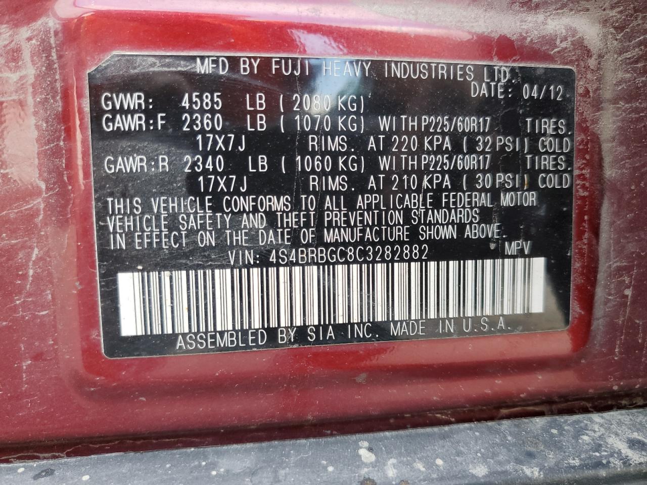 4S4BRBGC8C3282882 2012 Subaru Outback 2.5I Premium