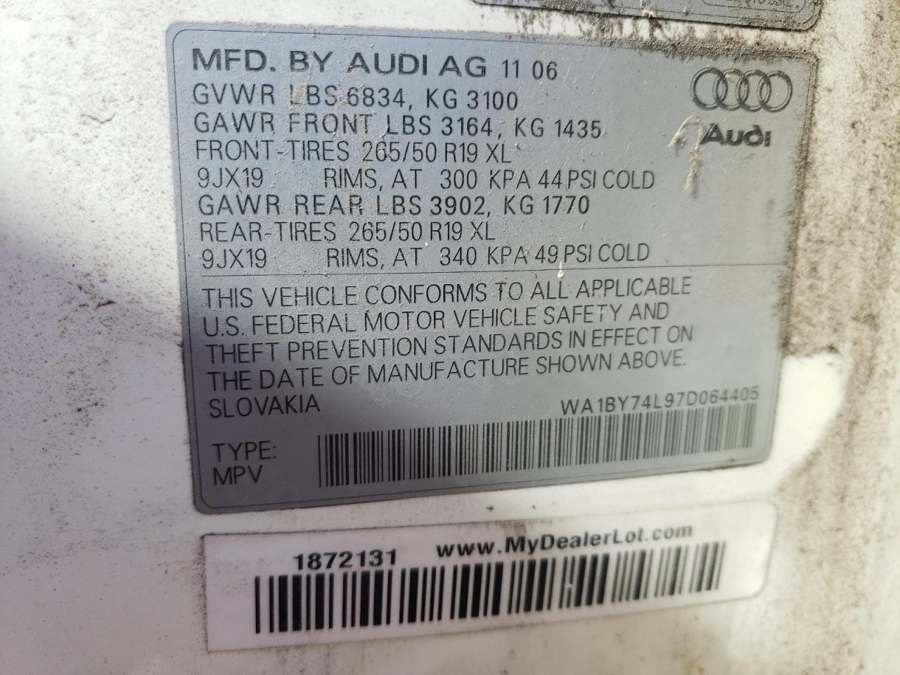 WA1BY74L97D064405 2007 Audi Q7 3.6 Quattro Premium