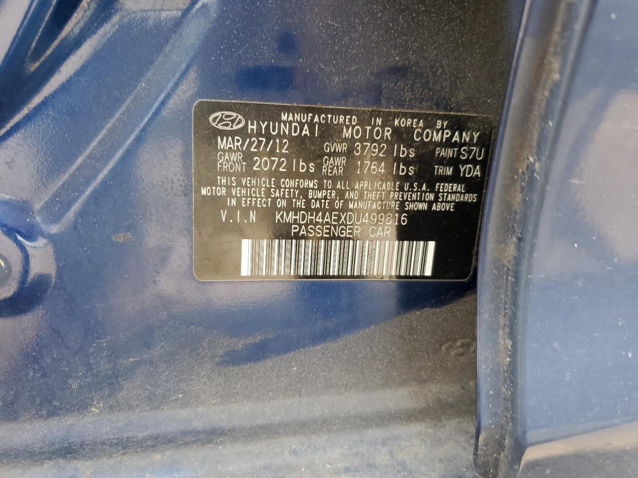 KMHDH4AEXDU499816 2013 Hyundai Elantra Gls