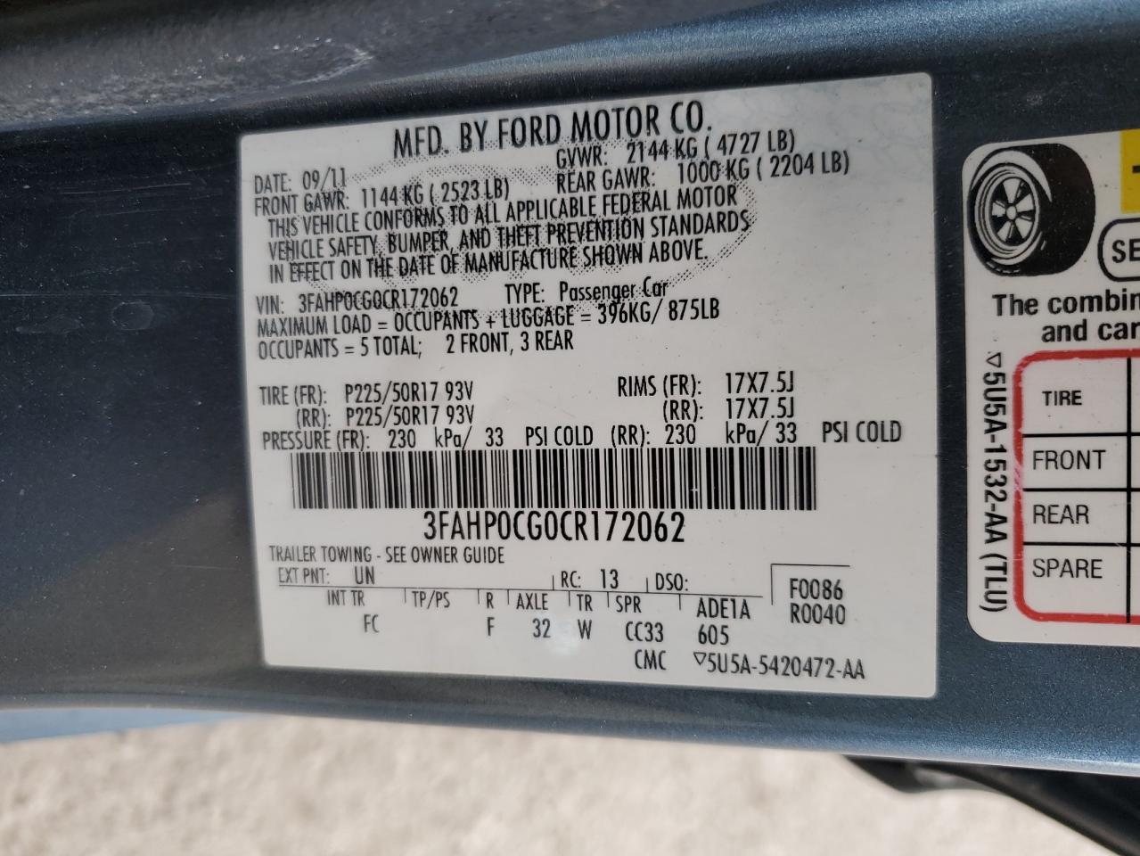 3FAHP0CG0CR172062 2012 Ford Fusion Sel