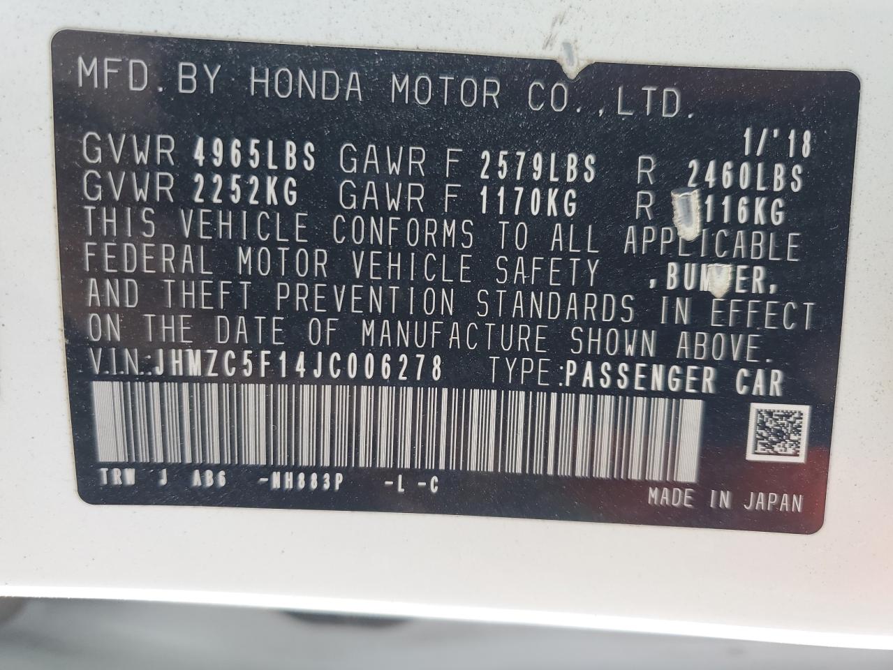 JHMZC5F14JC006278 2018 Honda Clarity