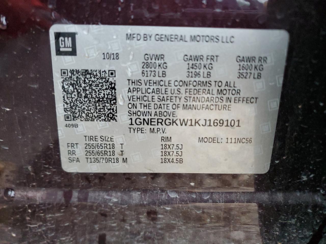 1GNERGKW1KJ169101 2019 Chevrolet Traverse Lt