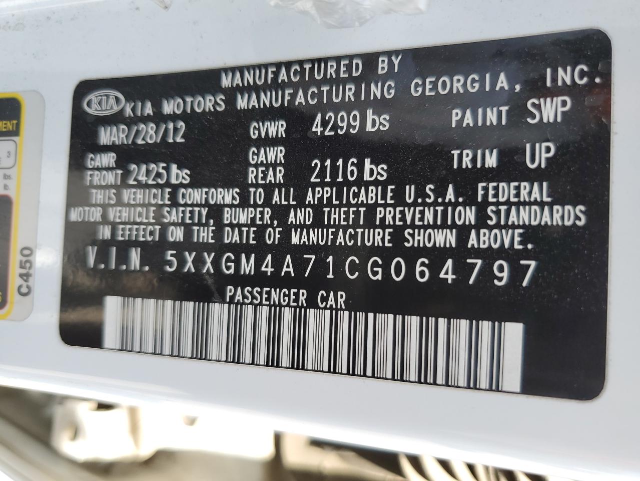 5XXGM4A71CG064797 2012 Kia Optima Lx