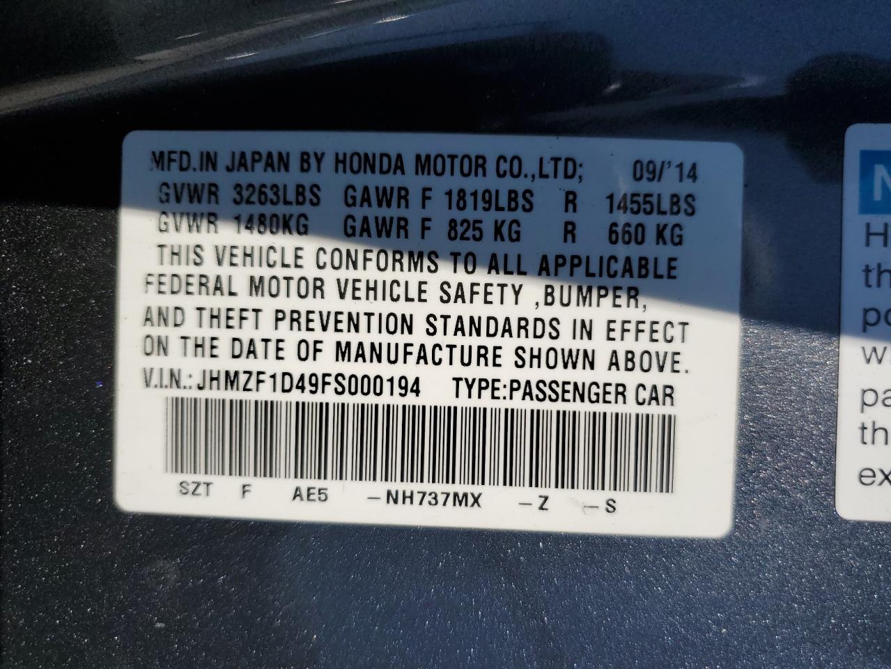 JHMZF1D49FS000194 2015 Honda Cr-Z