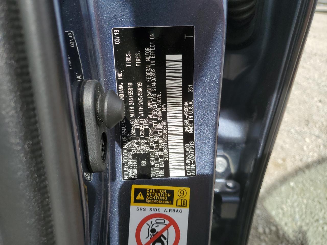 5TDDGRFH5KS063786 2019 Toyota Highlander Hybrid Limited