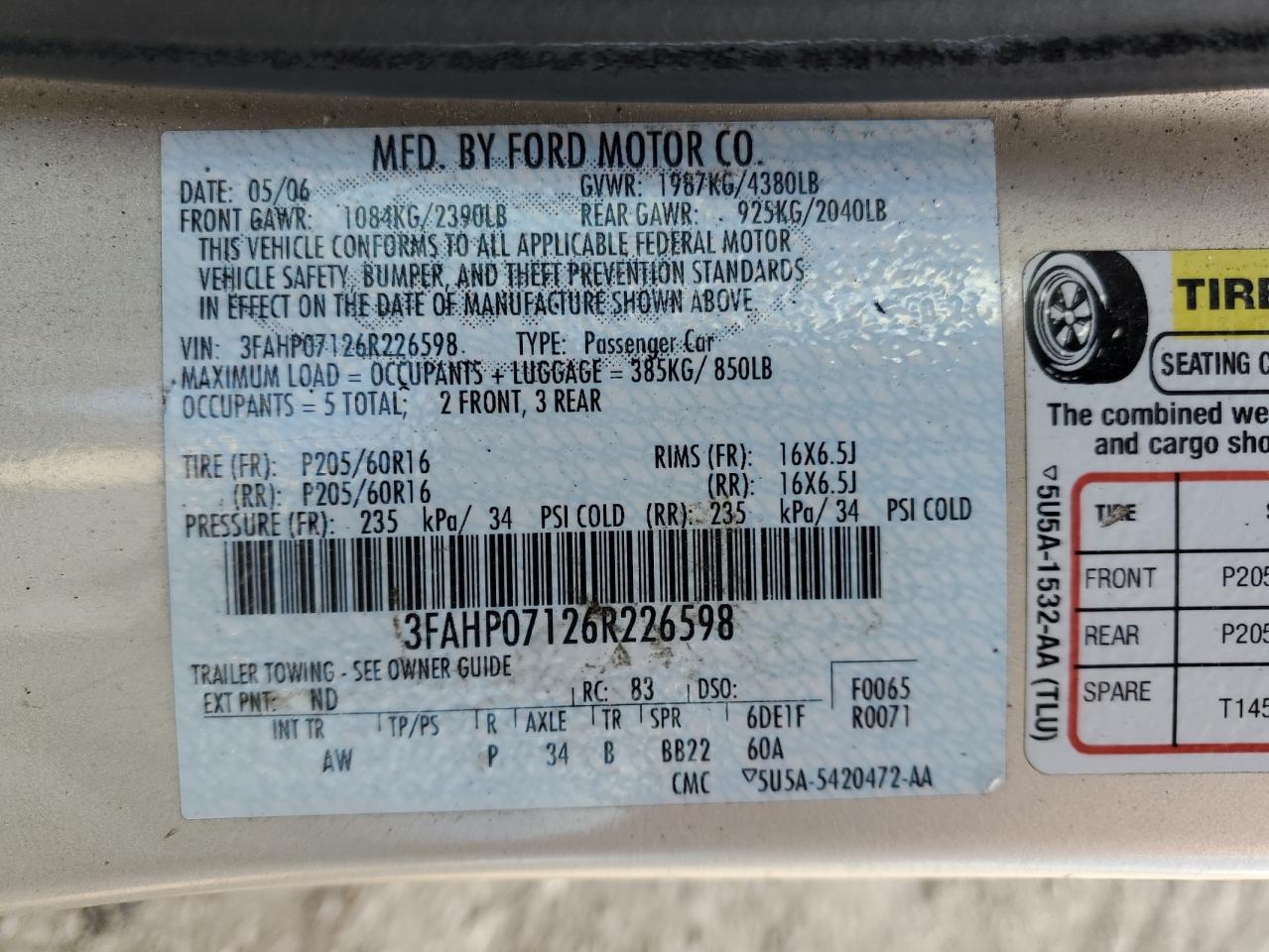 3FAHP07126R226598 2006 Ford Fusion Se