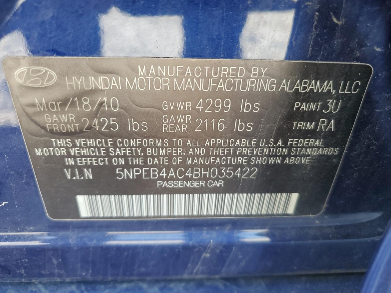 5NPEB4AC4BH035422 2011 Hyundai Sonata Gls