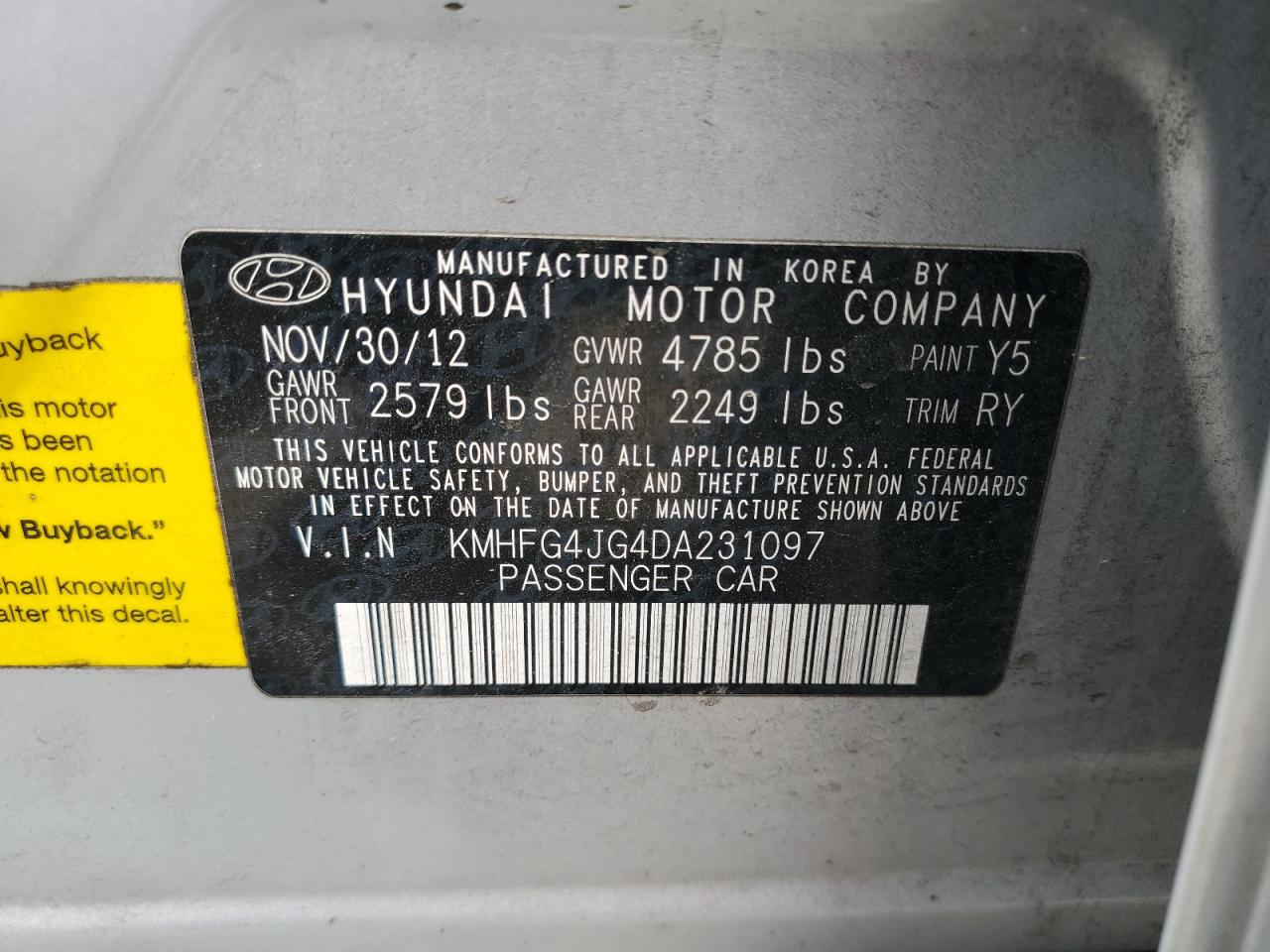 KMHFG4JG4DA231097 2013 Hyundai Azera