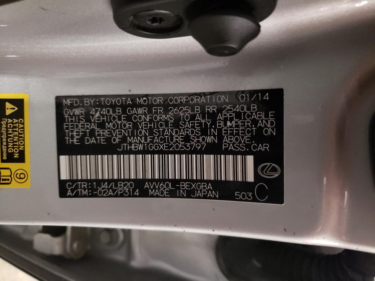 JTHBW1GGXE2053797 2014 Lexus Es 300H