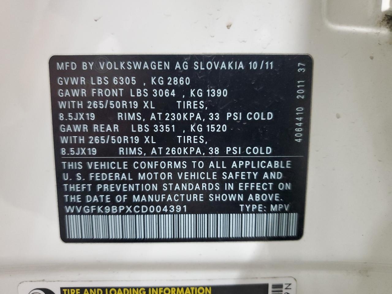 WVGFK9BPXCD004391 2012 Volkswagen Touareg V6 Tdi