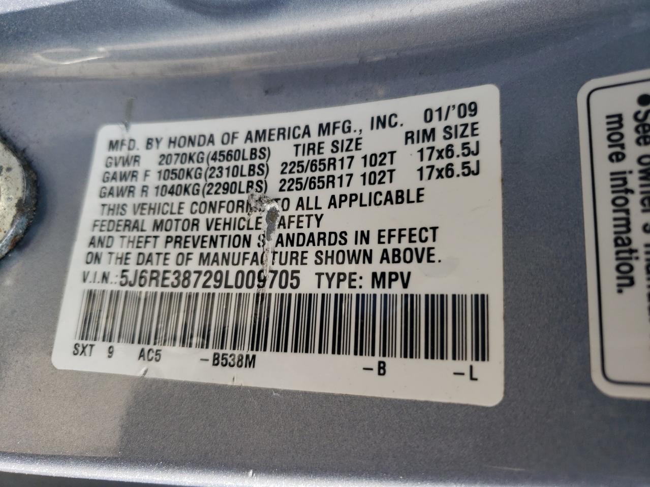 5J6RE38729L009705 2009 Honda Cr-V Exl