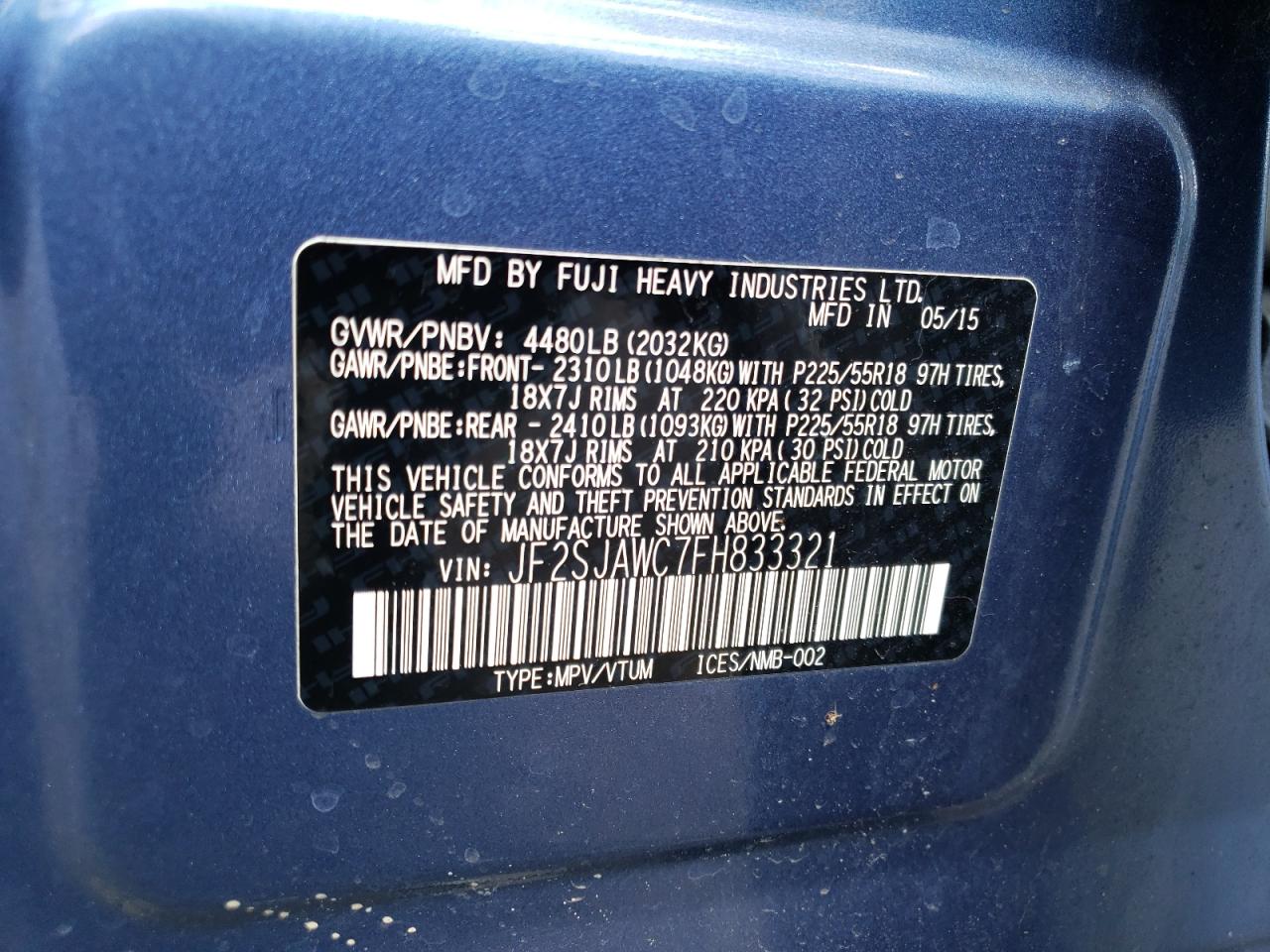 JF2SJAWC7FH833321 2015 Subaru Forester 2.5I Touring