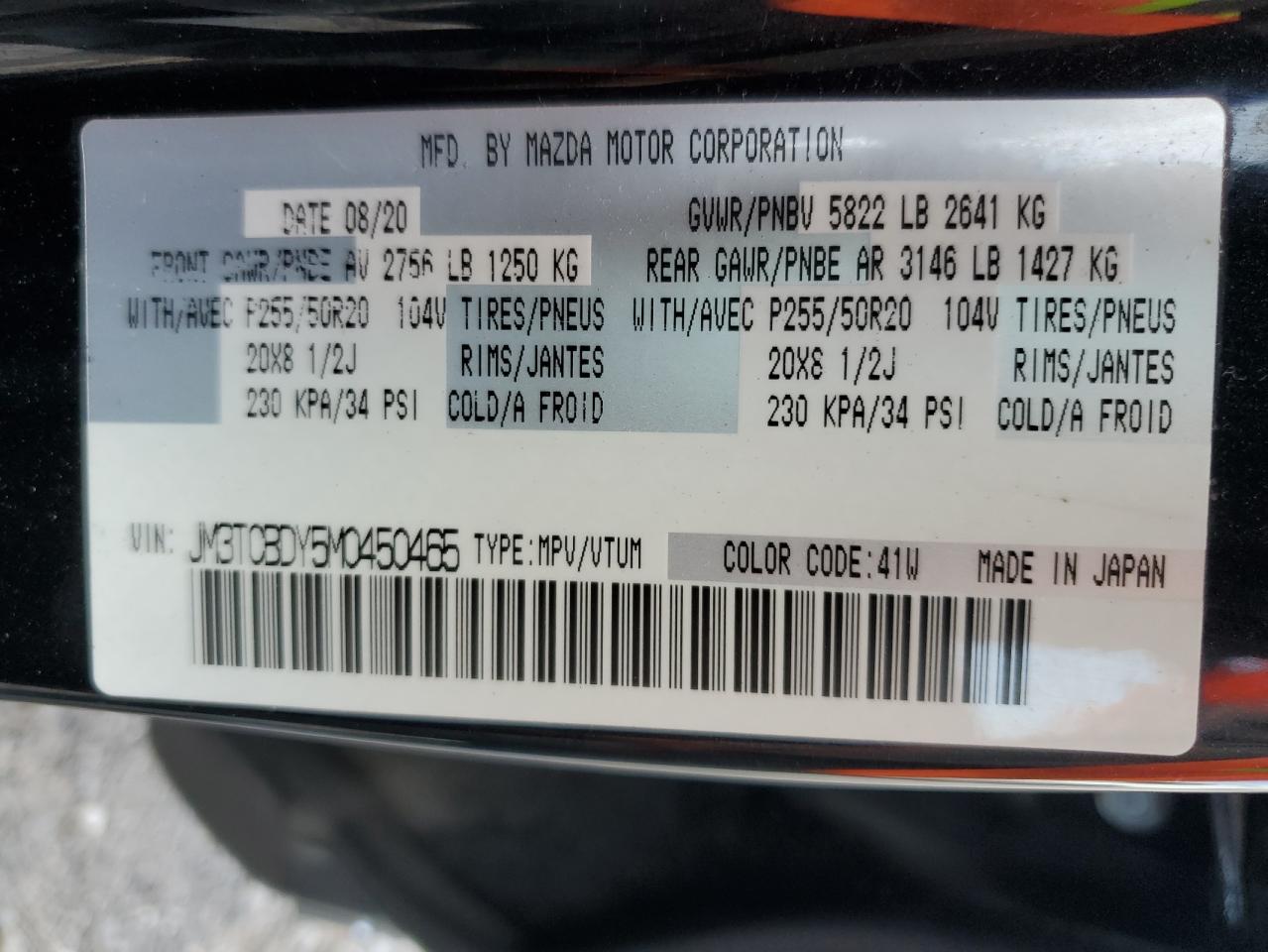 JM3TCBDY5M0450465 2021 Mazda Cx-9 Grand Touring