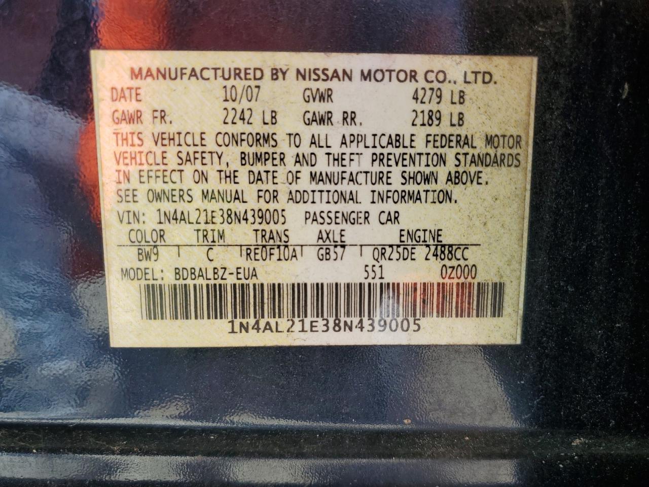 1N4AL21E38N439005 2008 Nissan Altima 2.5