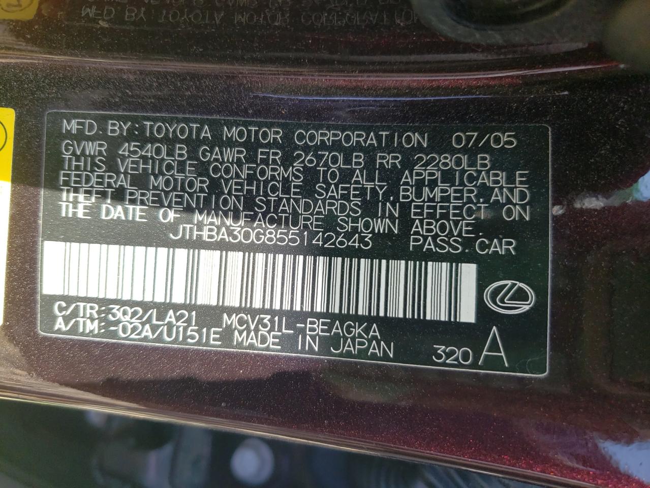 JTHBA30G855142643 2005 Lexus Es 330