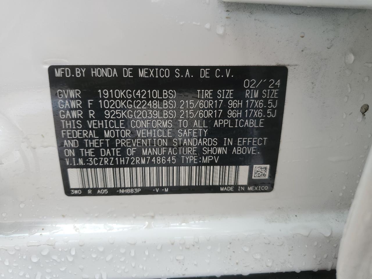 3CZRZ1H72RM748645 2024 Honda Hr-V Exl