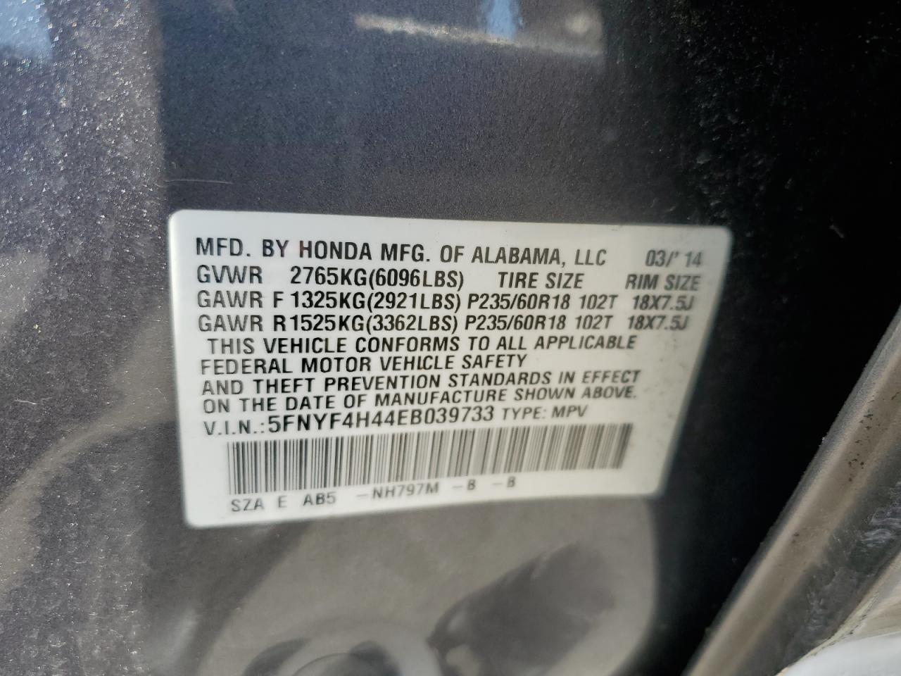 5FNYF4H44EB039733 2014 Honda Pilot Ex