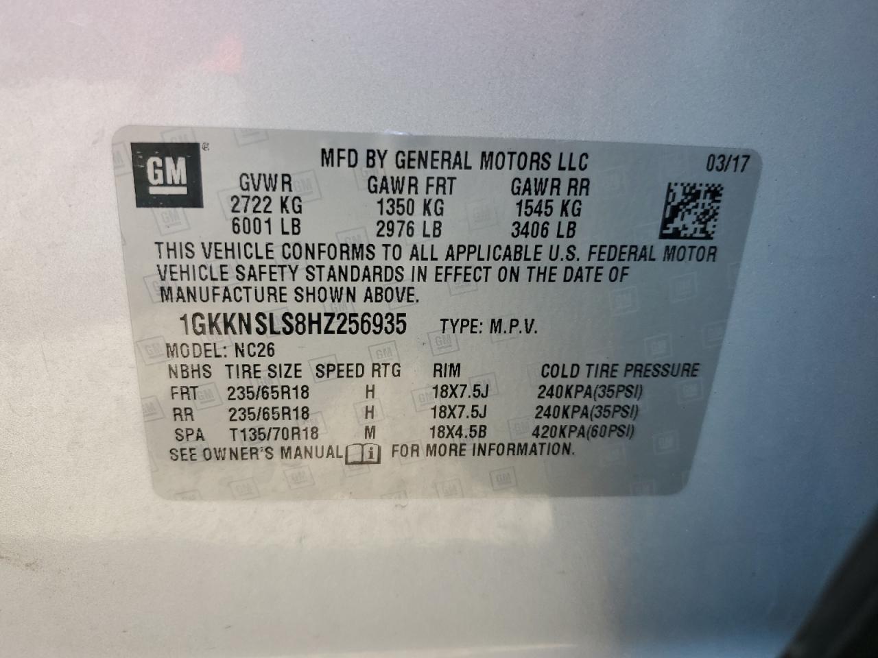 1GKKNSLS8HZ256935 2017 GMC Acadia Sle