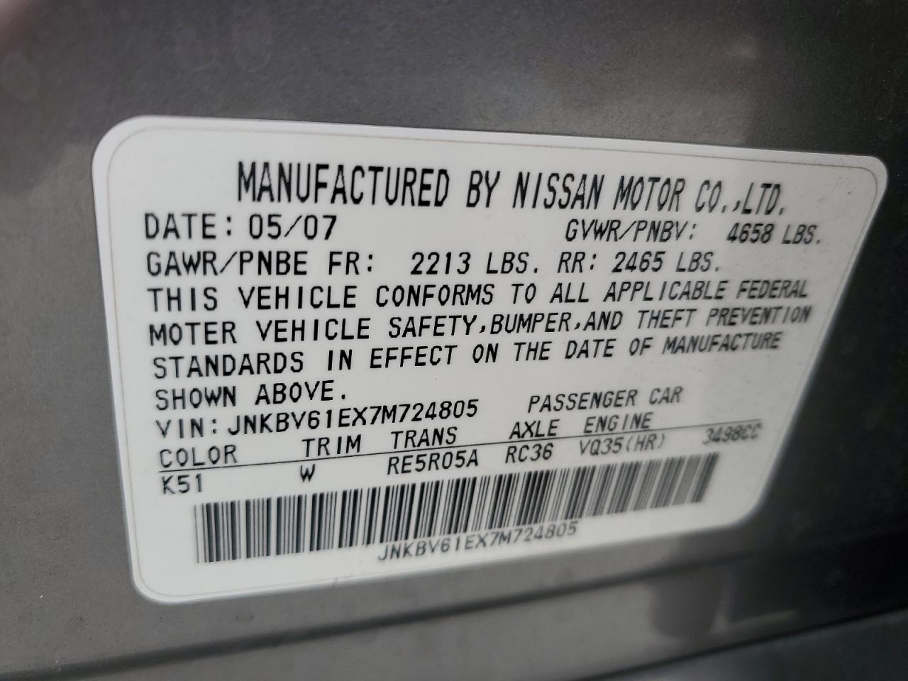 JNKBV61EX7M724805 2007 Infiniti G35