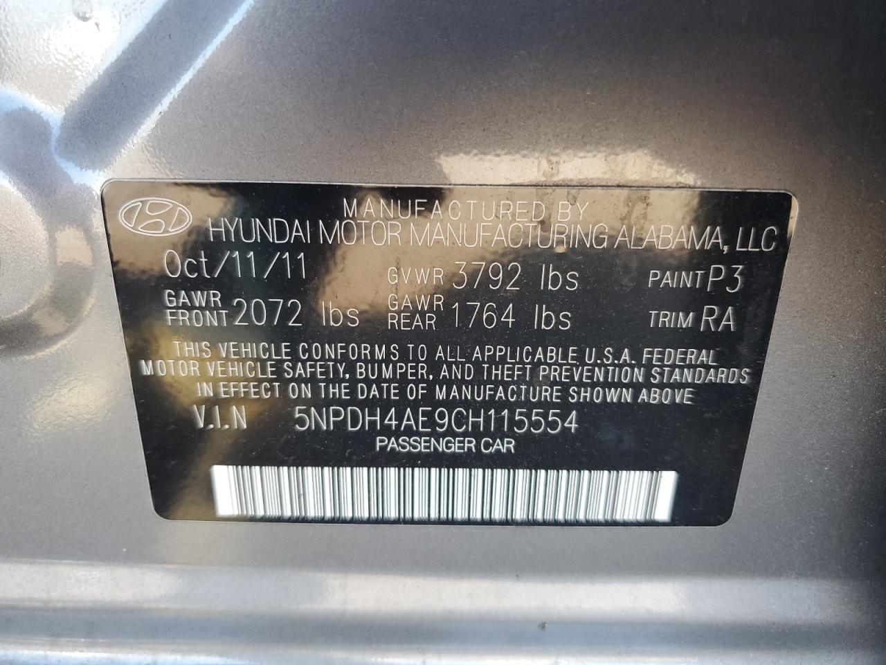 5NPDH4AE9CH115554 2012 Hyundai Elantra Gls