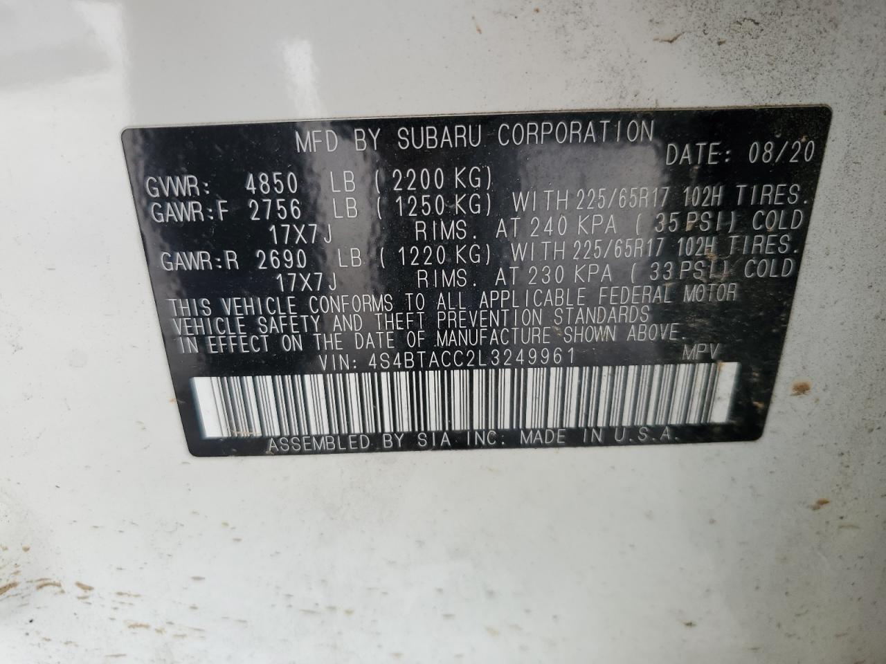 4S4BTACC2L3249961 2020 Subaru Outback Premium