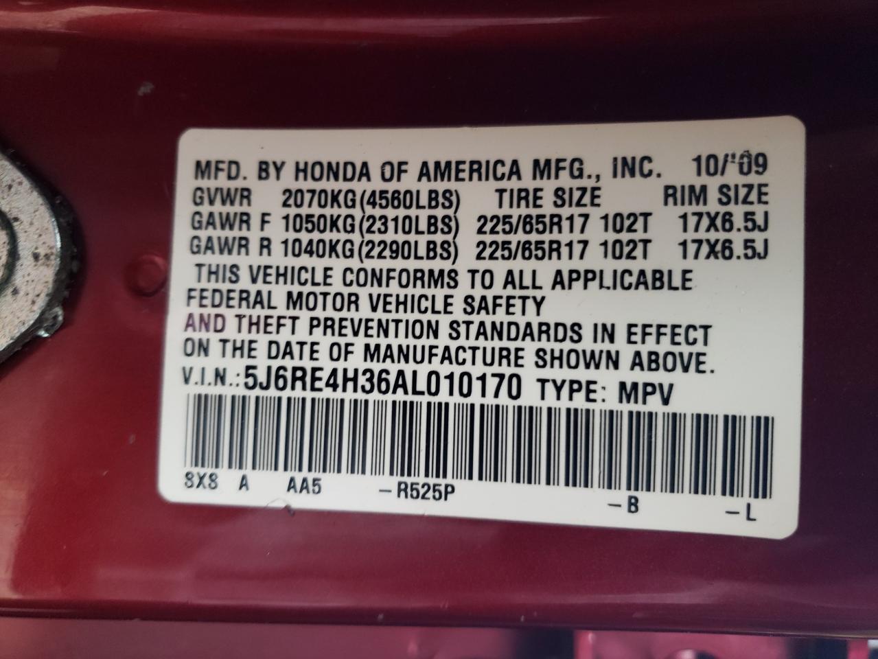 5J6RE4H36AL010170 2010 Honda Cr-V Lx