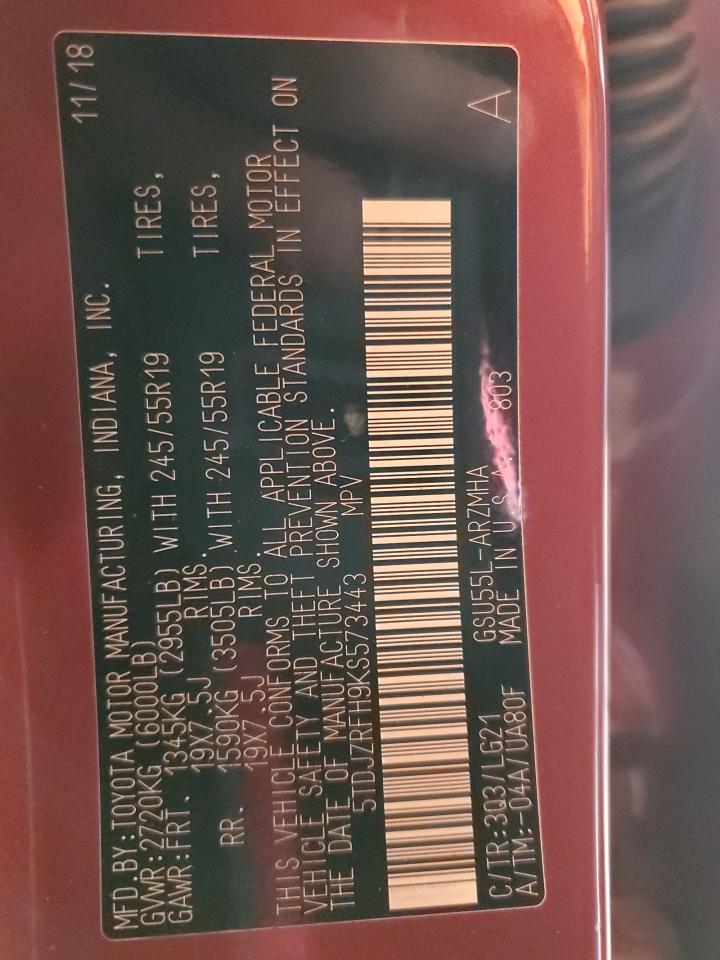 5TDJZRFH9KS573443 2019 Toyota Highlander Se