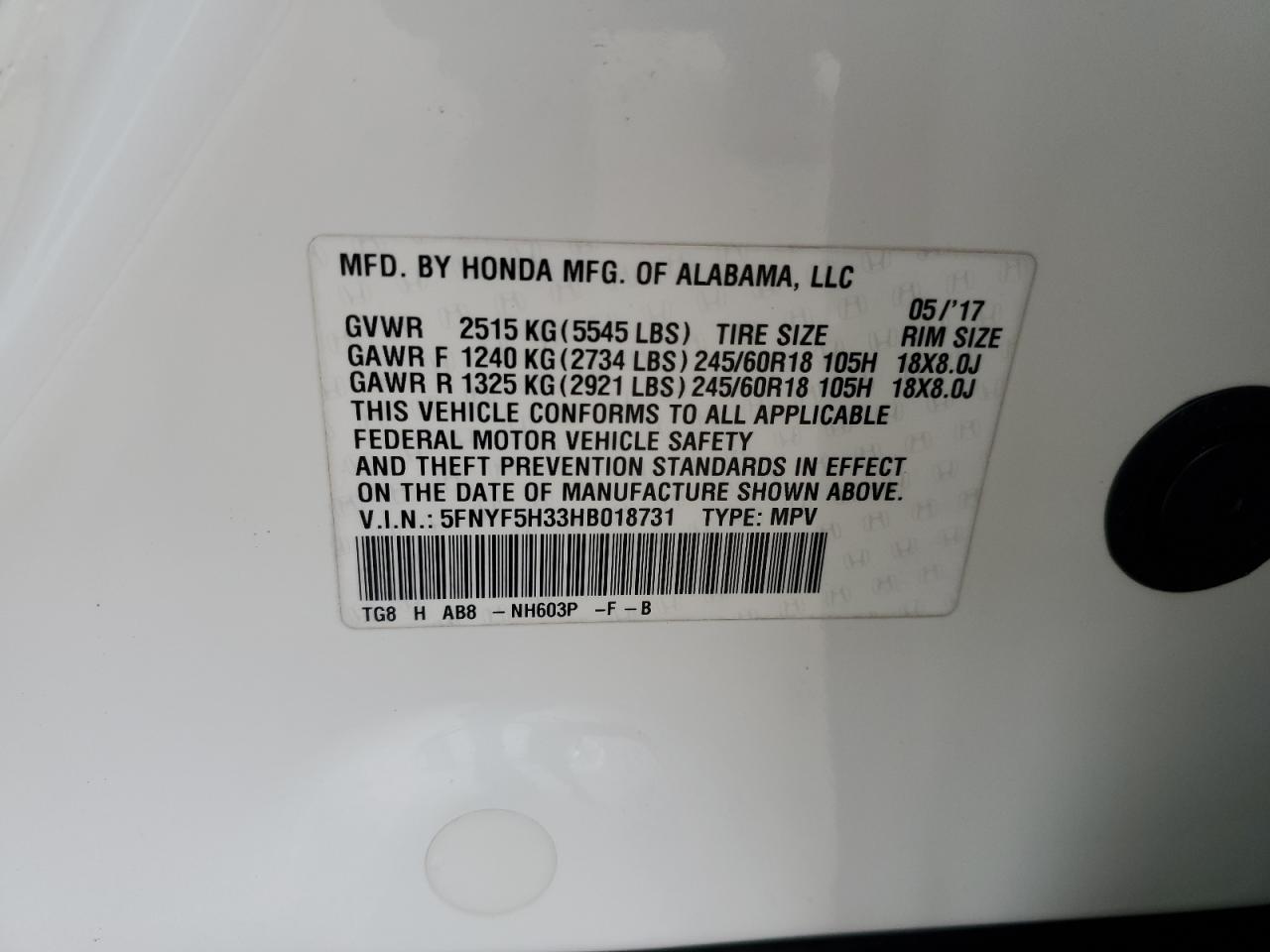 5FNYF5H33HB018731 2017 Honda Pilot Ex