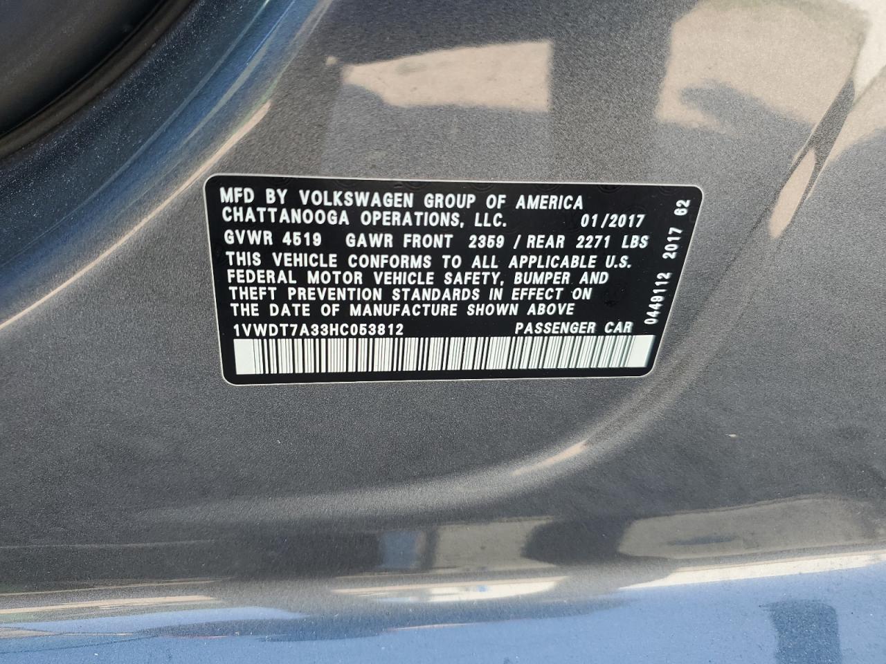 1VWDT7A33HC053812 2017 Volkswagen Passat R-Line