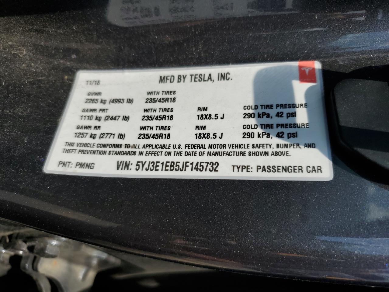 5YJ3E1EB5JF145732 2018 Tesla Model 3