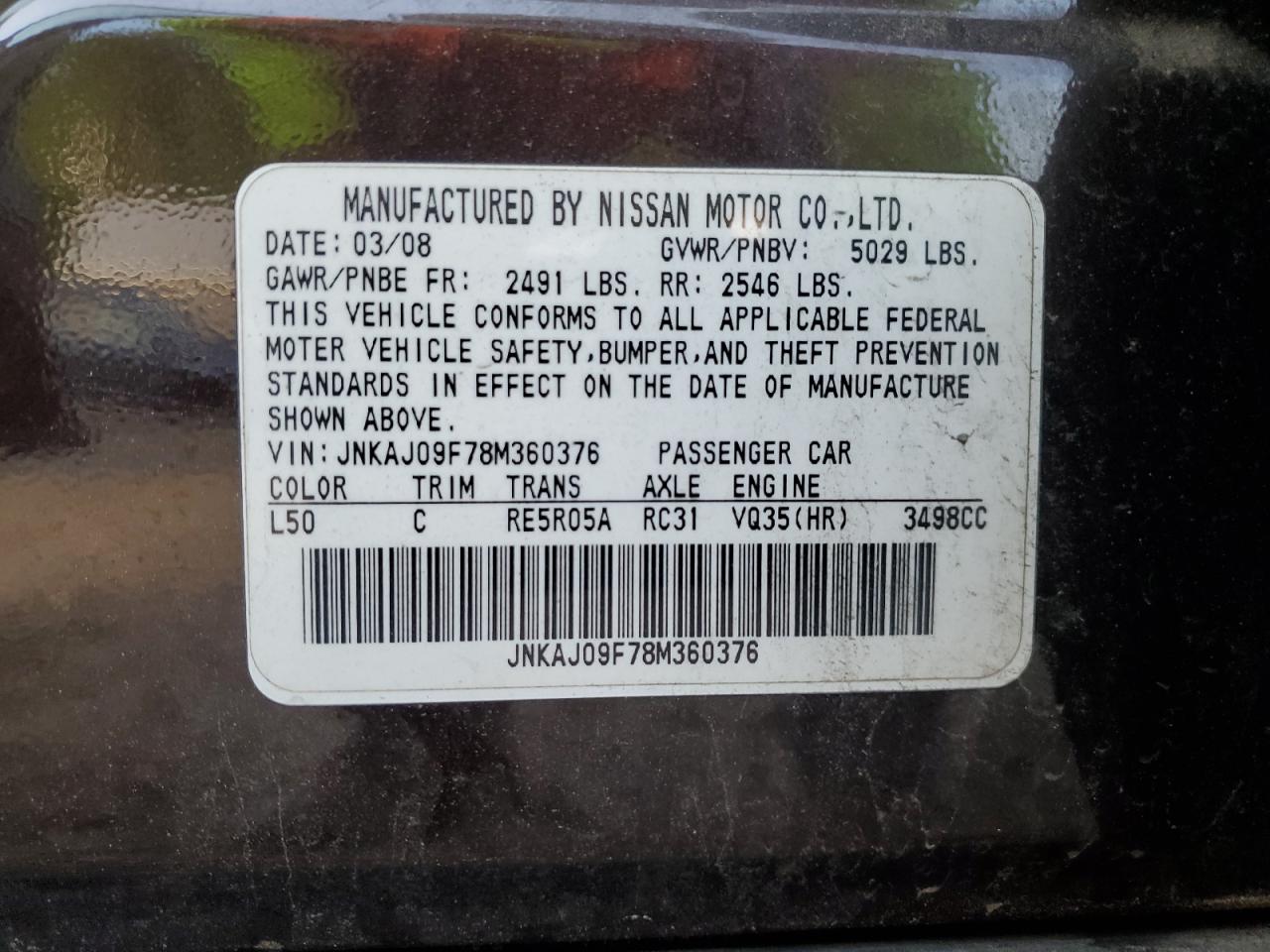 JNKAJ09F78M360376 2008 Infiniti Ex35 Base