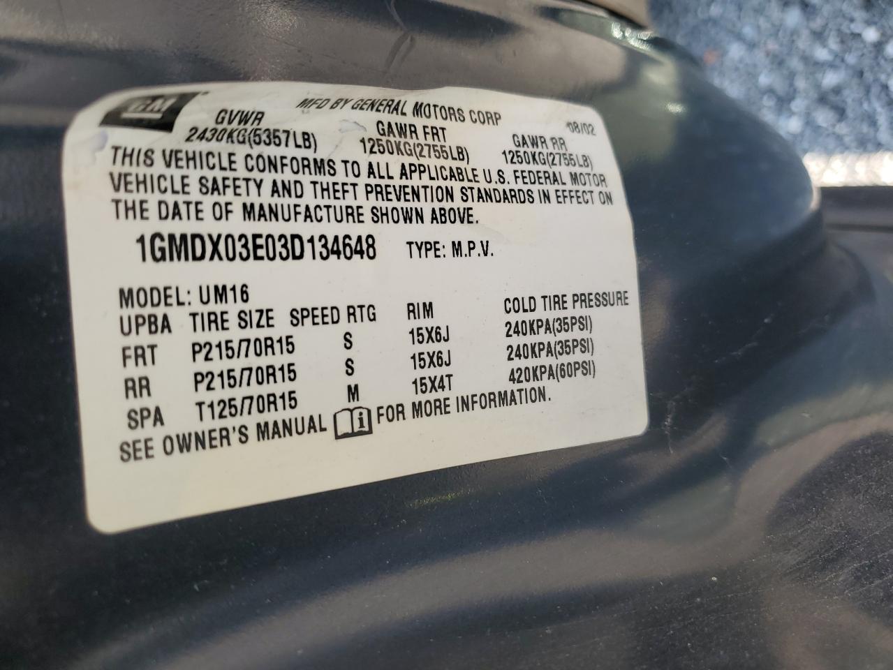 1GMDX03E03D134648 2003 Pontiac Montana