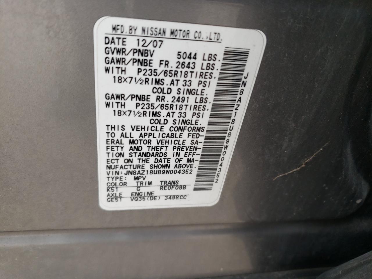 JN8AZ18U89W004352 2009 Nissan Murano S