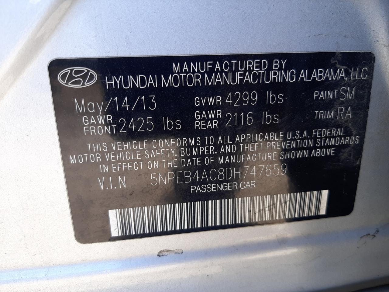 5NPEB4AC8DH747659 2013 Hyundai Sonata Gls