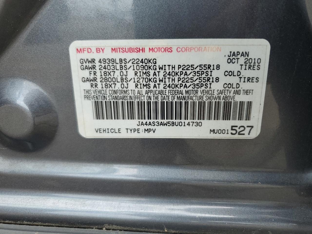 JA4AS3AW5BU014730 2011 Mitsubishi Outlander Se