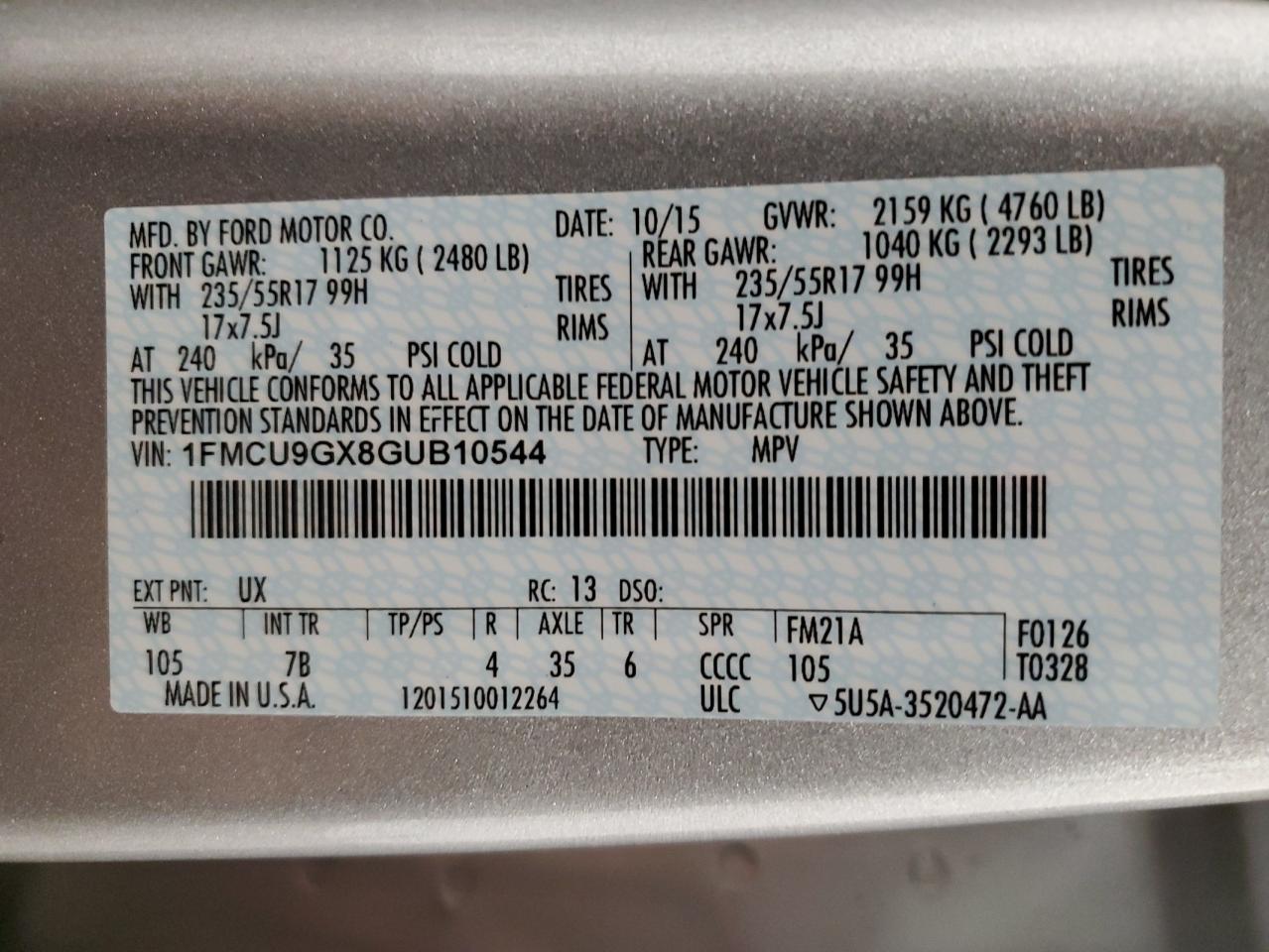 1FMCU9GX8GUB10544 2016 Ford Escape Se