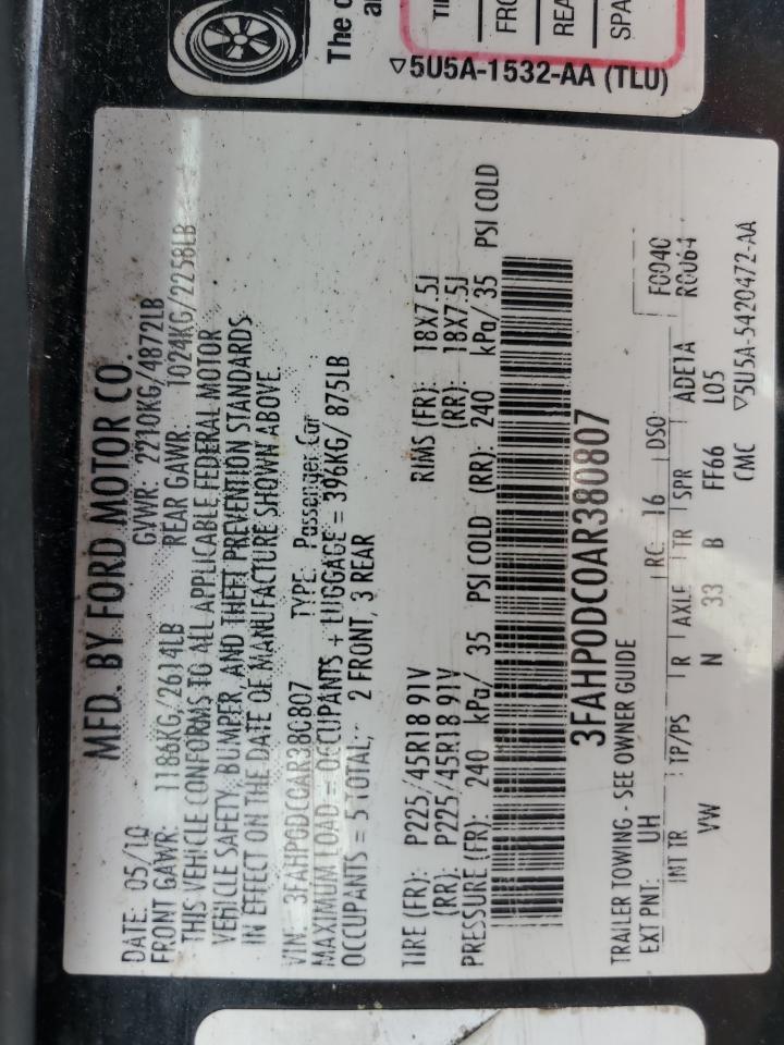 3FAHP0DC0AR380807 2010 Ford Fusion Sport