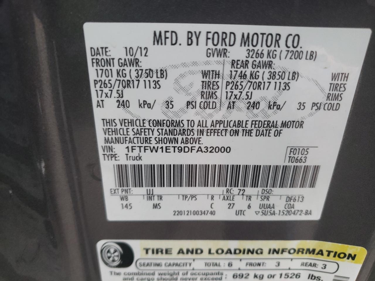 1FTFW1ET9DFA32000 2013 Ford F150 Supercrew