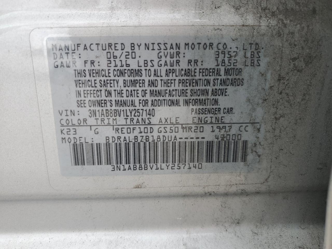 3N1AB8BV1LY257140 2020 Nissan Sentra S