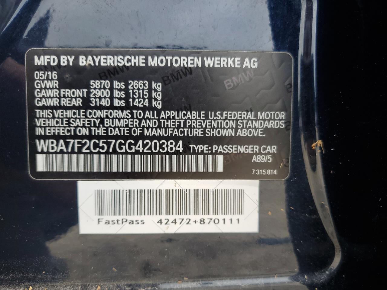 WBA7F2C57GG420384 2016 BMW 750 Xi