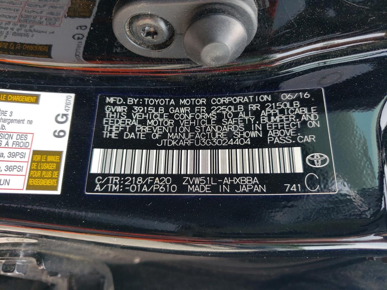 JTDKARFU3G3024404 2016 Toyota Prius