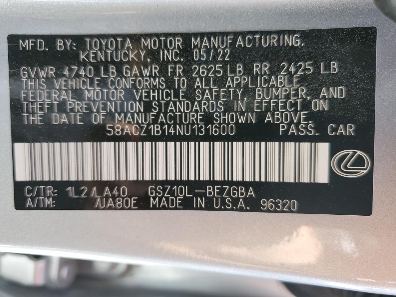 58ACZ1B14NU131600 2022 Lexus Es 350 Base